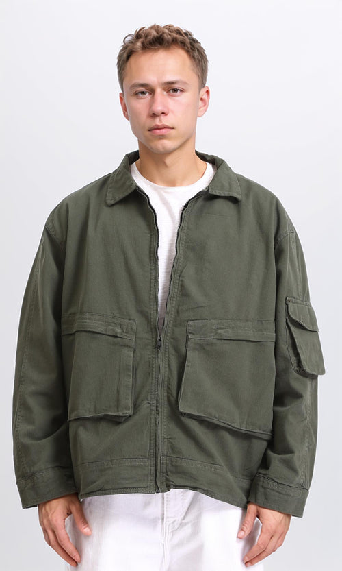O199925 - Long Sleeves Zipped Gabardine Jacket - Dark Olive