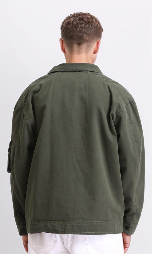 O199925 - Long Sleeves Zipped Gabardine Jacket - Dark Olive