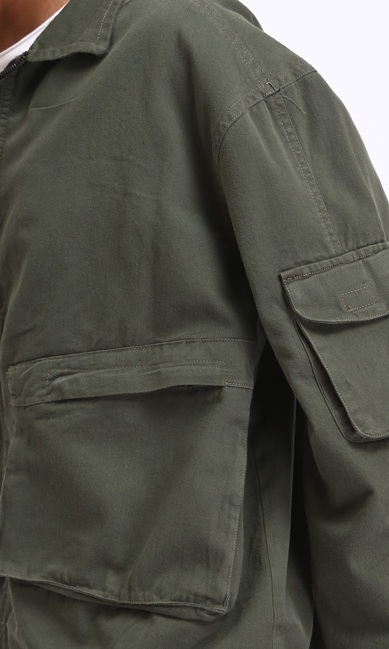 O199925 - Long Sleeves Zipped Gabardine Jacket - Dark Olive