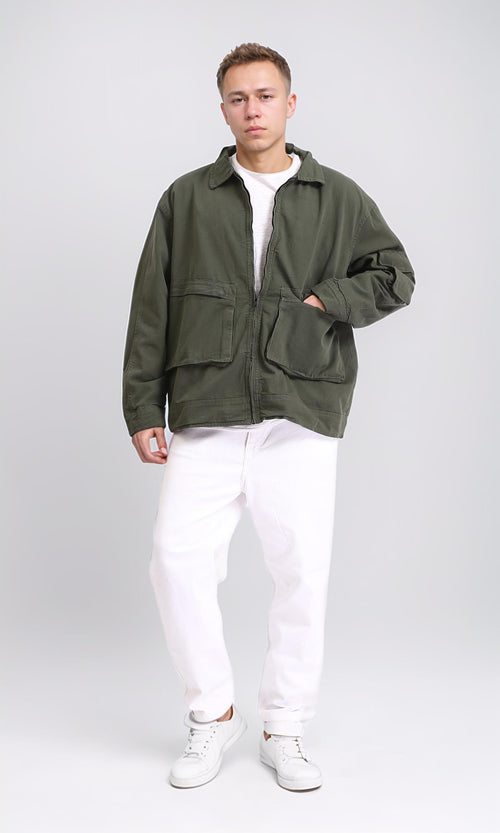 O199925 - Long Sleeves Zipped Gabardine Jacket - Dark Olive