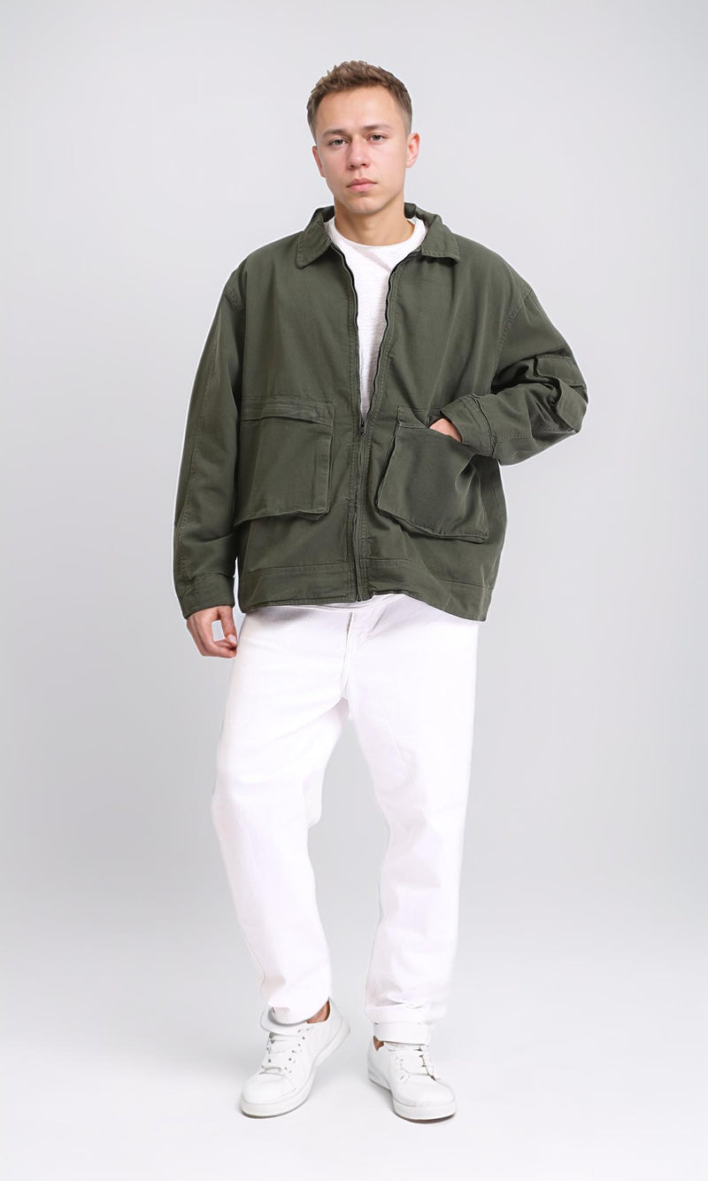 O199925 - Long Sleeves Zipped Gabardine Jacket - Dark Olive