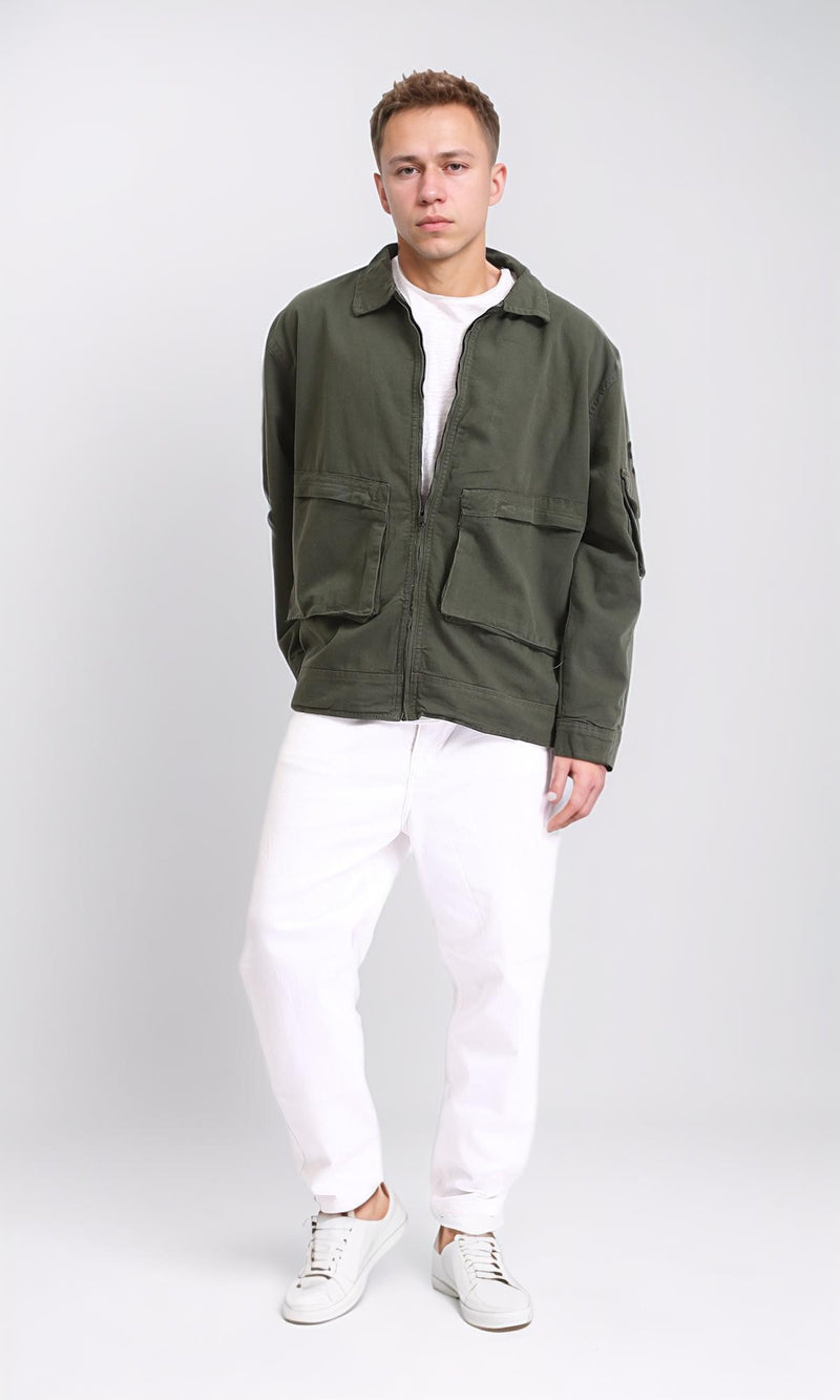 O199925 - Long Sleeves Zipped Gabardine Jacket - Dark Olive
