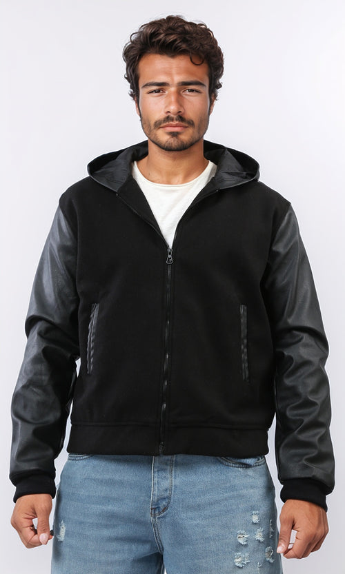 o199934 - Leather Sleeves Zipper Closure Baseball Jacket - Black