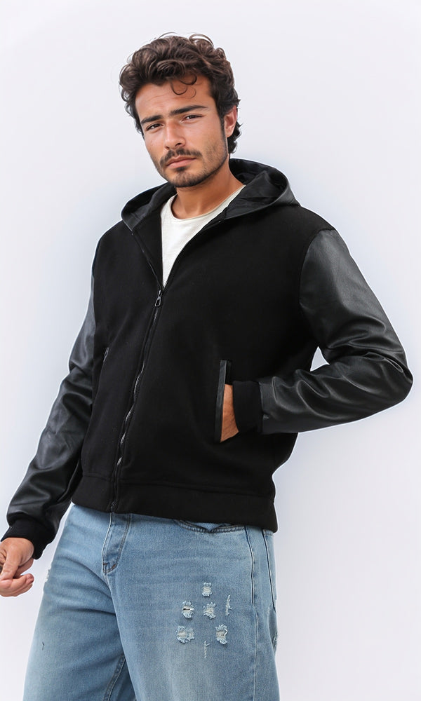 o199934 - Leather Sleeves Zipper Closure Baseball Jacket - Black
