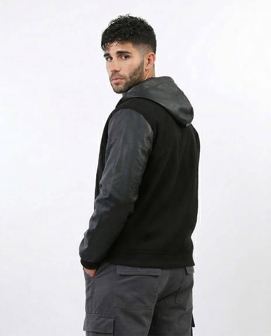 Ravin Hybrid Bomber Jacket with Leather-Look Sleeves and Hood - Black - o199934