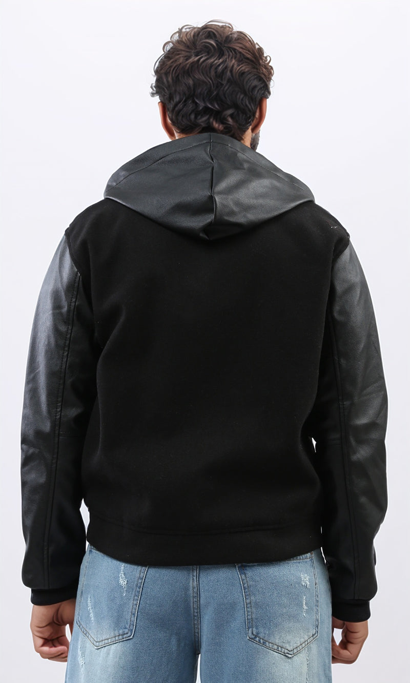 o199934 - Leather Sleeves Zipper Closure Baseball Jacket - Black