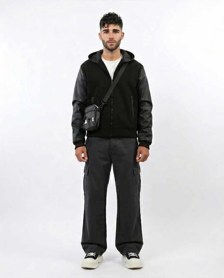 Ravin Hybrid Bomber Jacket with Leather-Look Sleeves and Hood - Black - o199934