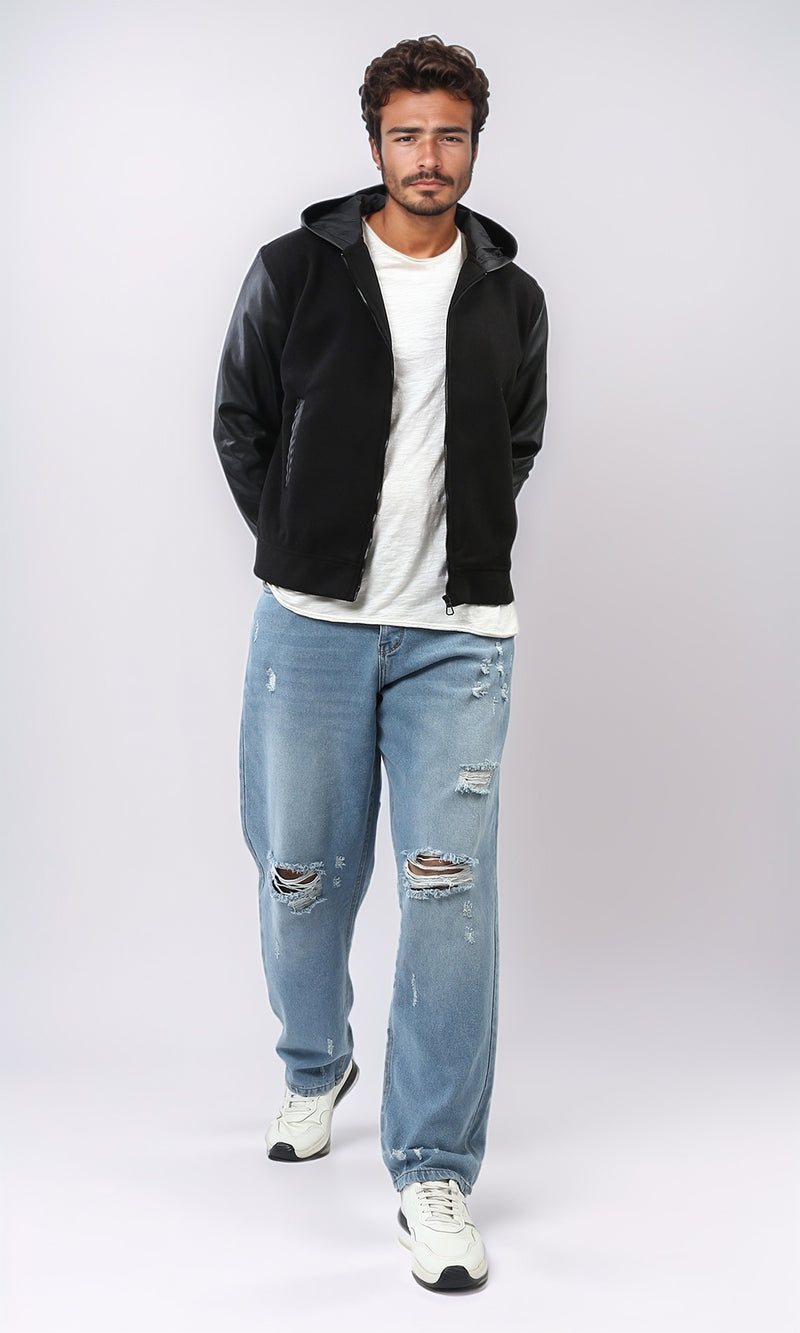 o199934 - Leather Sleeves Zipper Closure Baseball Jacket - Black