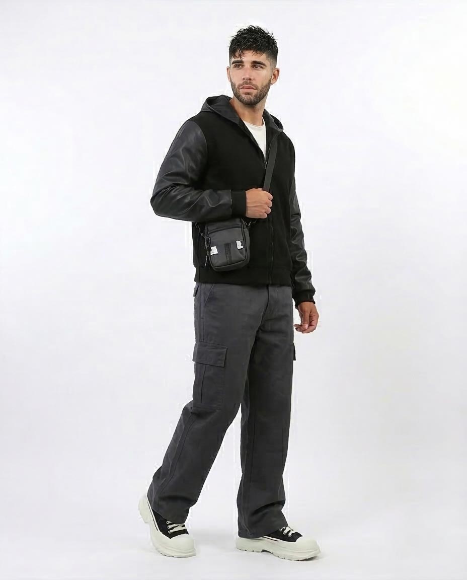Ravin Hybrid Bomber Jacket with Leather-Look Sleeves and Hood - Black - o199934