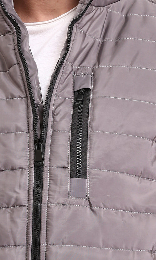 O199936 - Long Sleeves Zipped Bomber Jacket - Dark Grey