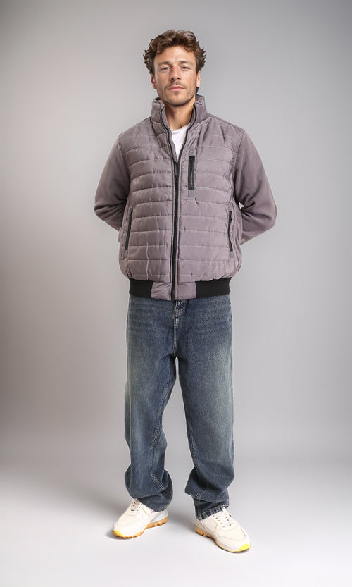 O199936 - Long Sleeves Zipped Bomber Jacket - Dark Grey