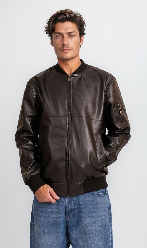 O199939 - Leather Bomber Jacket - Brown