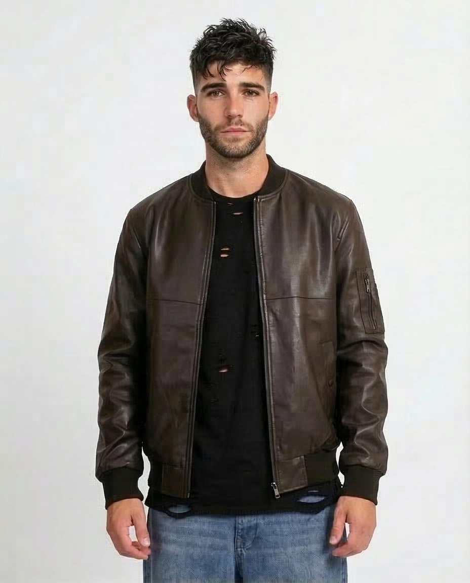 Man wearing a brown leather jacket on a white background