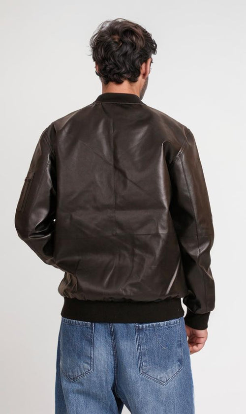 O199939 - Leather Bomber Jacket - Brown