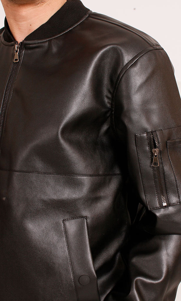 Brown Leather Bomber Jacket - Premium PU Coat for Men