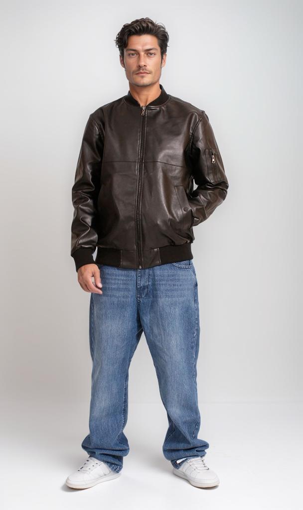 Brown Leather Bomber Jacket - Premium PU Coat for Men