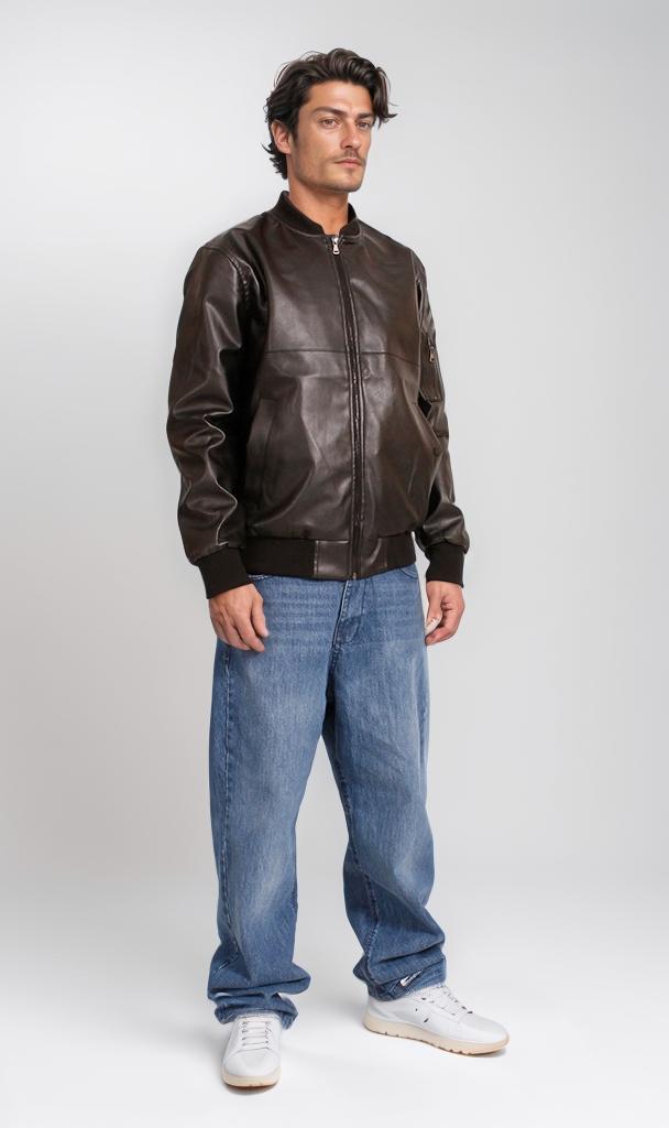 Brown Leather Bomber Jacket - Premium PU Coat for Men