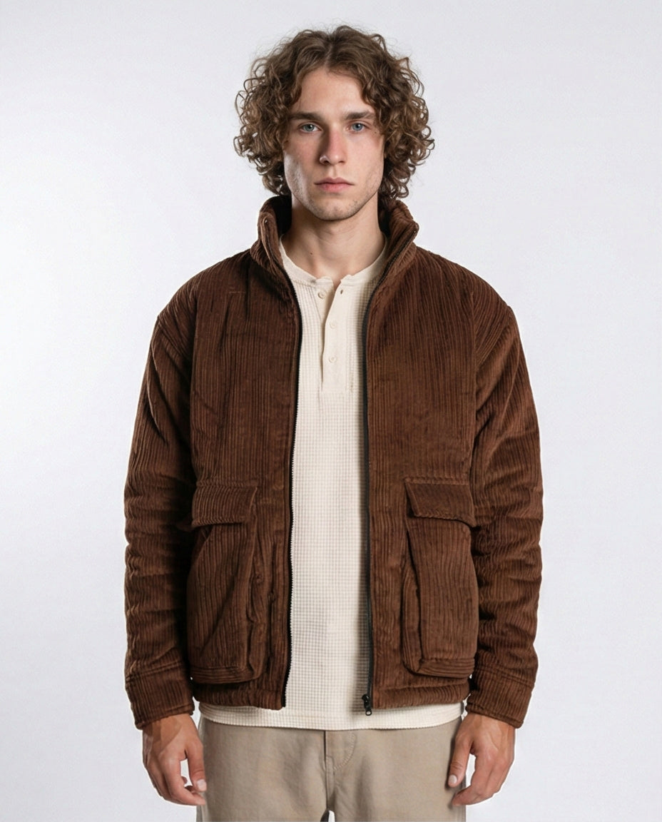 Men's Brown Corduroy Padded Utility Jacket - O199940