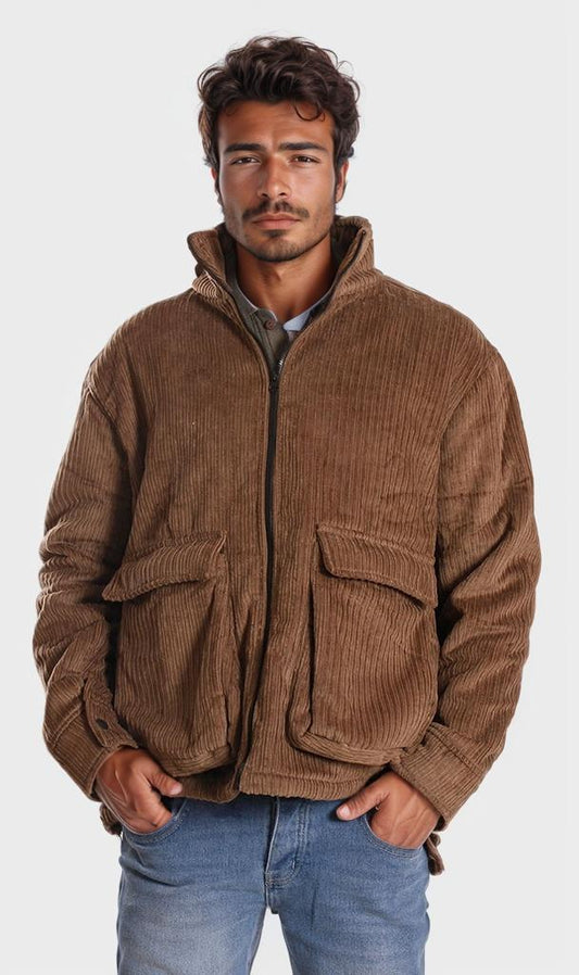 o199942-CORDUROY JACKET WITH SHEARLING DETAIL - BROWN