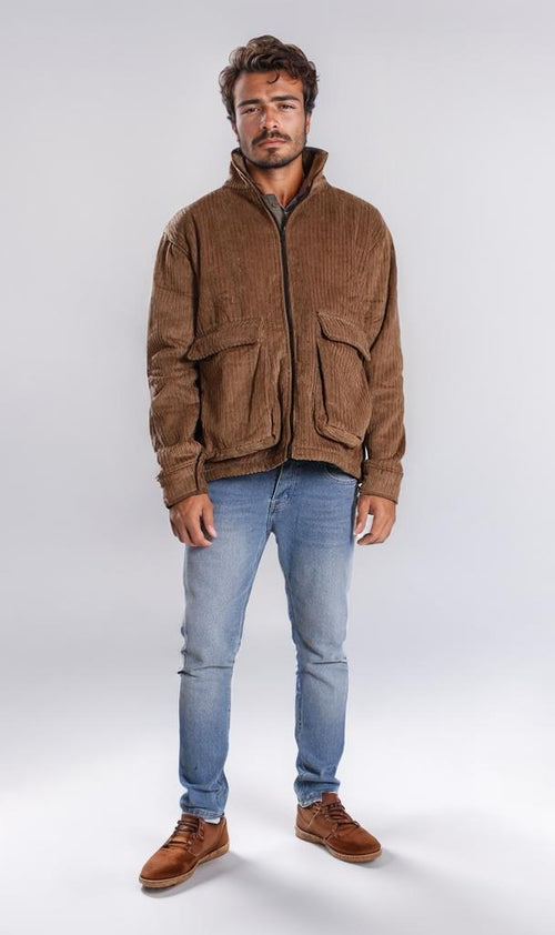 o199942-CORDUROY JACKET WITH SHEARLING DETAIL - BROWN