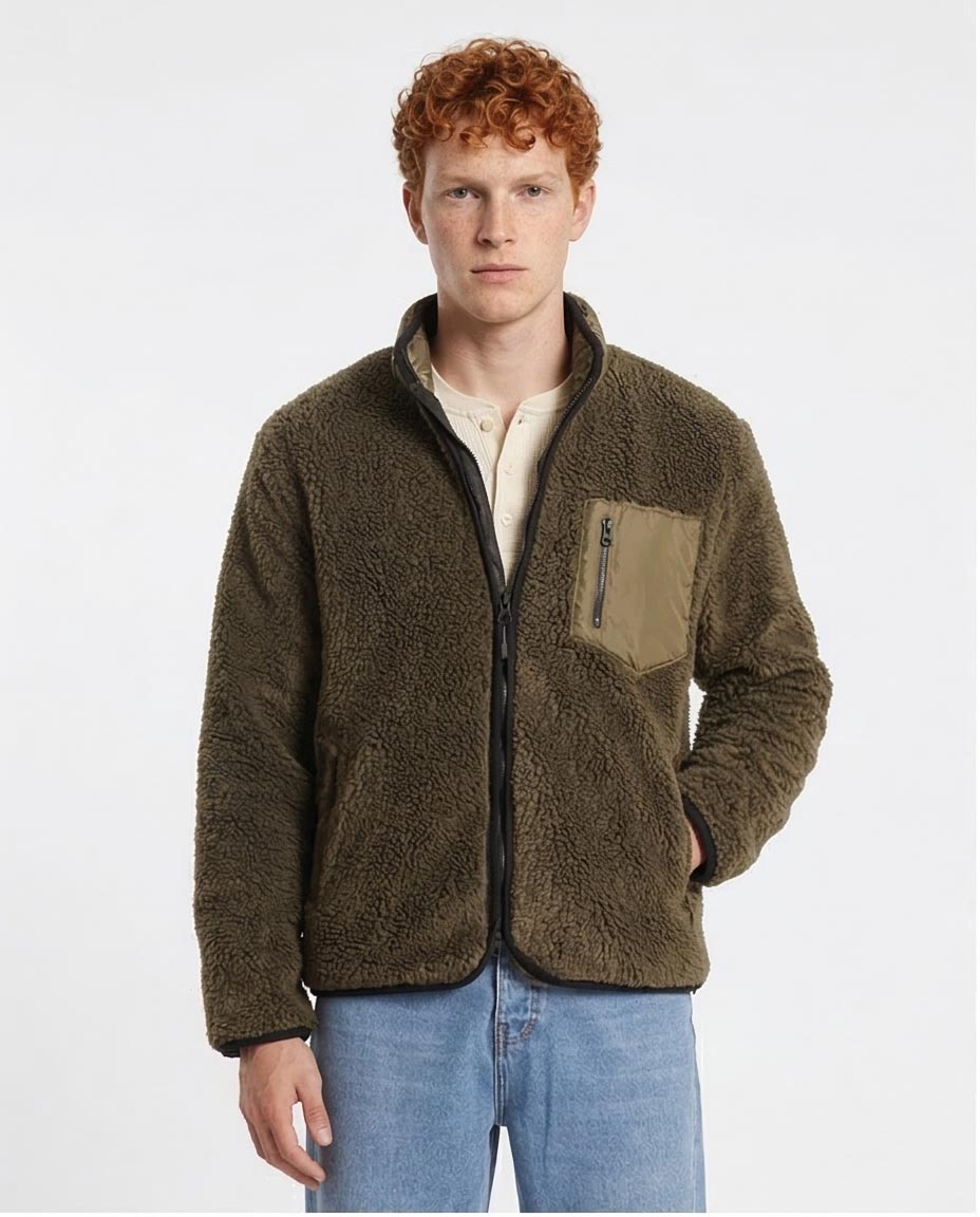 Olive Green Sherpa Fleece Jacket with Contrast Pocket - O199953