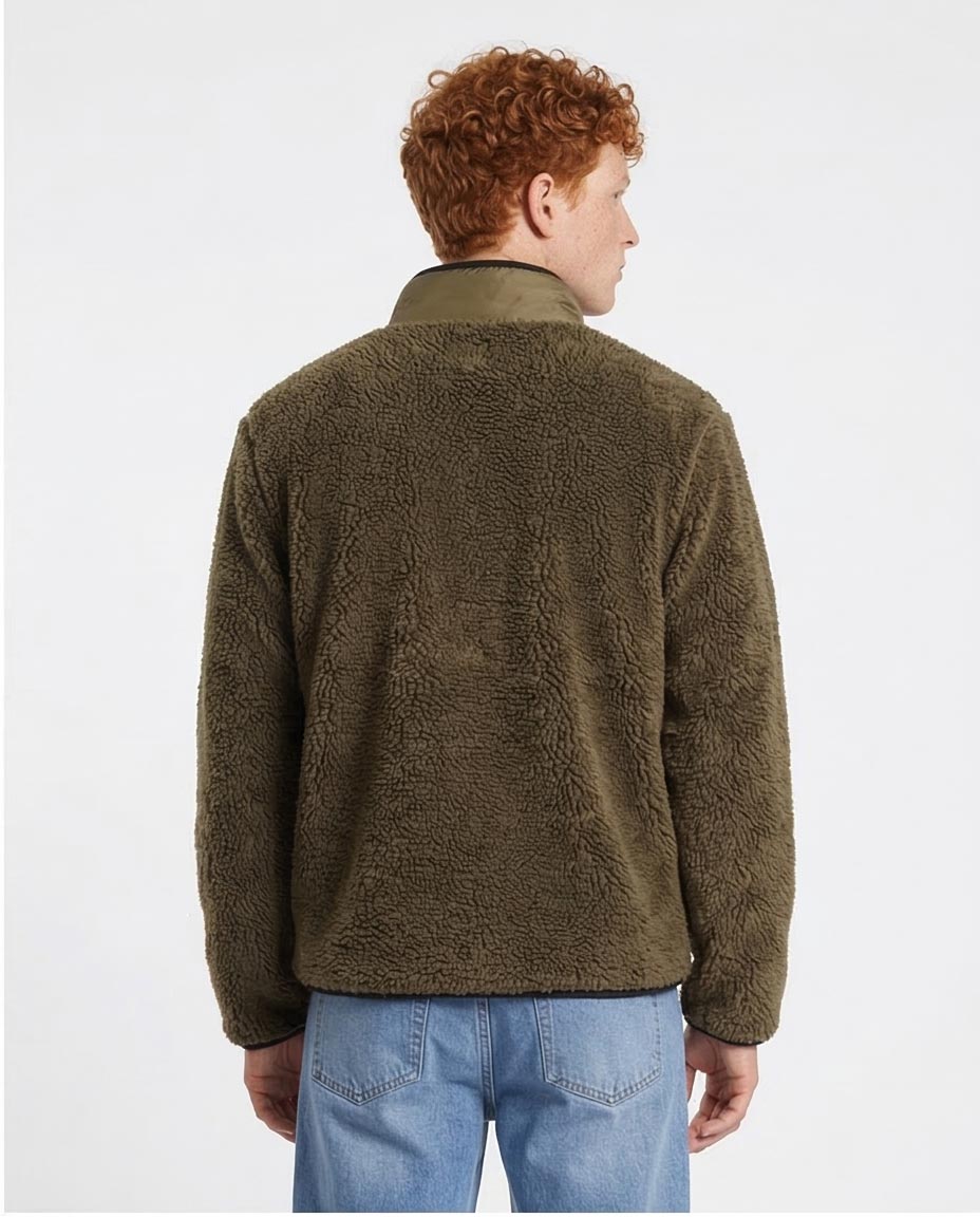 Olive Green Sherpa Fleece Jacket with Contrast Pocket - O199953