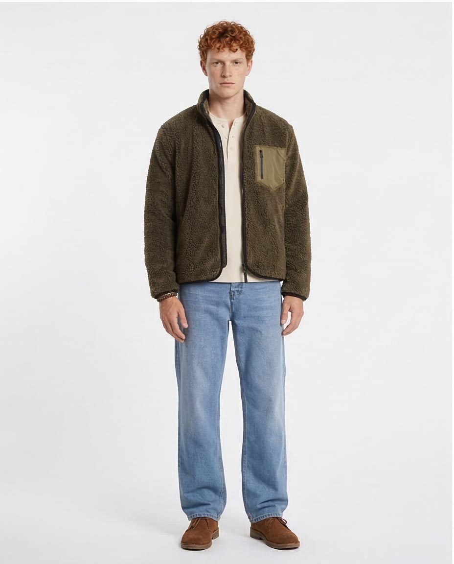 Olive Green Sherpa Fleece Jacket with Contrast Pocket - O199953