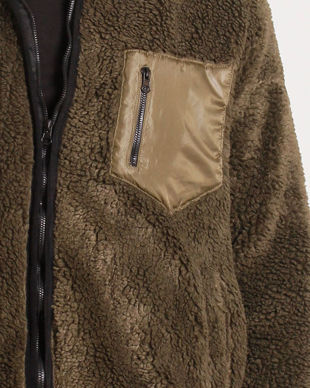 Olive Green Sherpa Fleece Jacket with Contrast Pocket - O199953