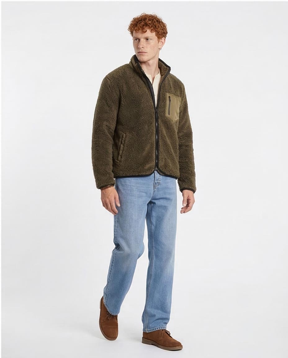 Olive Green Sherpa Fleece Jacket with Contrast Pocket - O199953