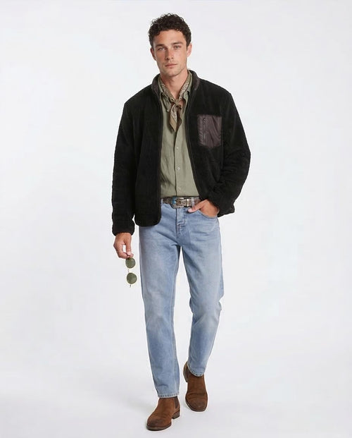 Black Sherpa Fleece Zip-Up Jacket with Contrast Pocket - O199954