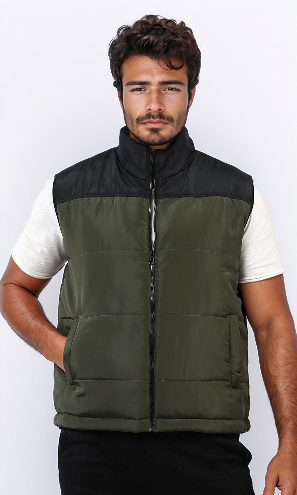 o199958 - Regular Fit Bomber Vest Sleeveless - Olive & Black