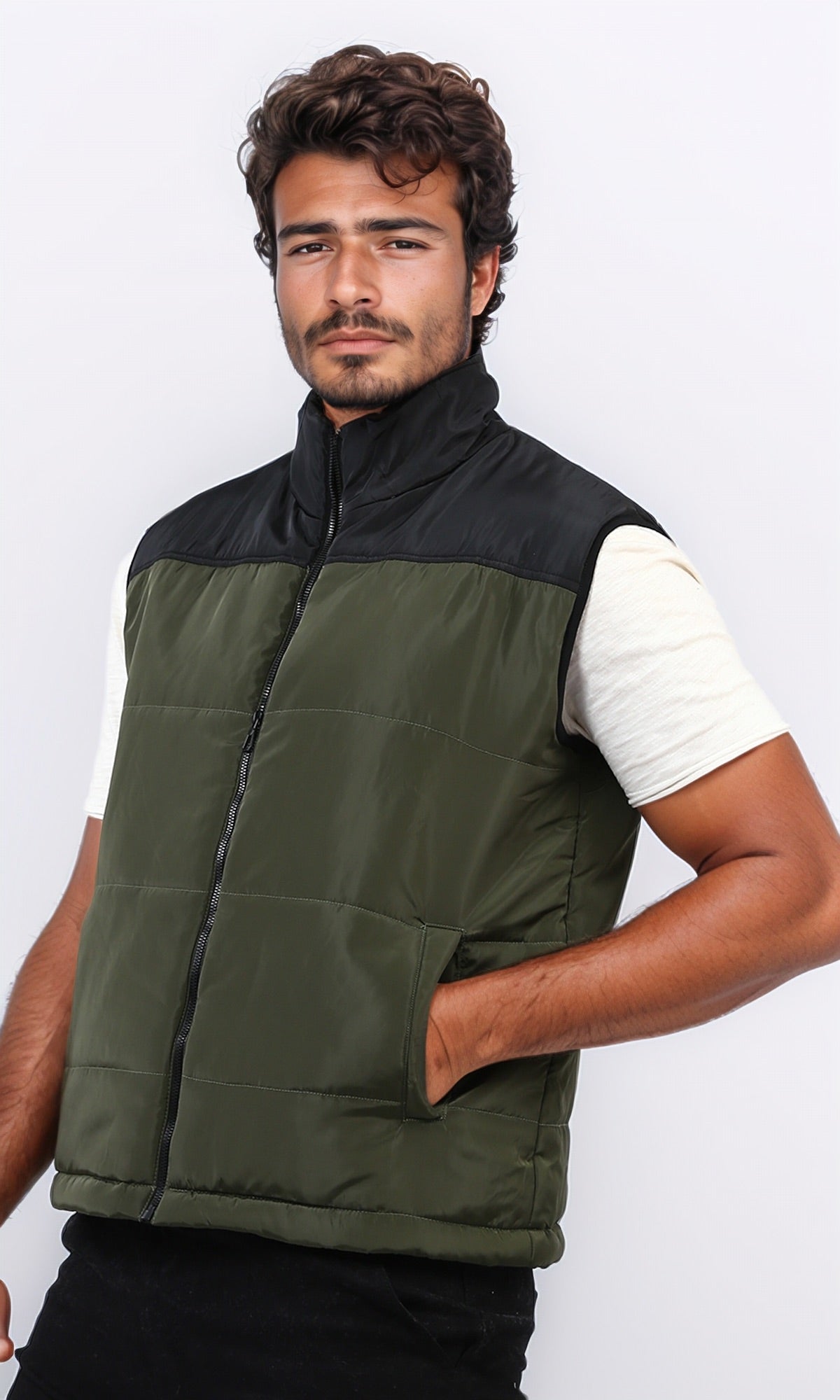 o199958 - Regular Fit Bomber Vest Sleeveless - Olive & Black