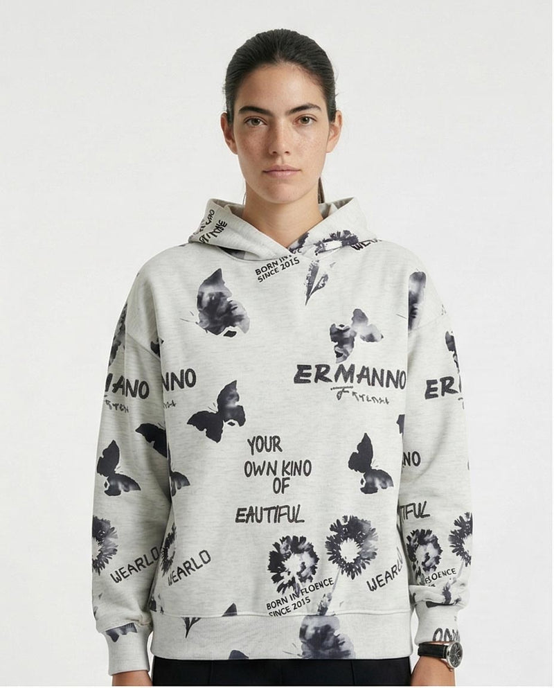 O200012 - Patterned Slip On Black & White Casual Hoodie