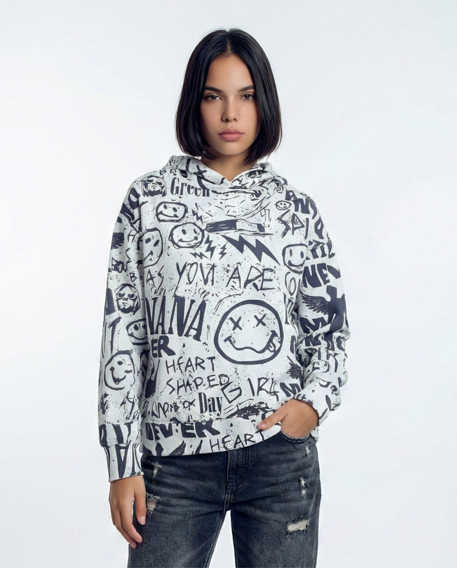 Women's Graffiti Grunge All-Over Print Hoodie - O200014