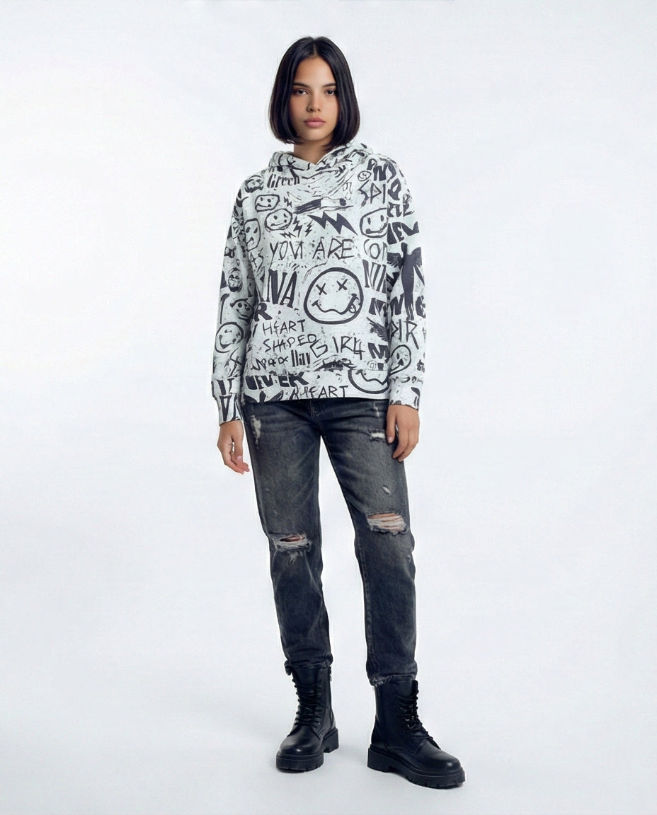 Women's Graffiti Grunge All-Over Print Hoodie - O200014