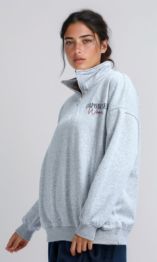 O200146 - Zipped Stand Neck with Print - Heather Grey