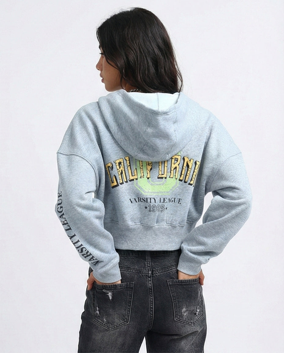 California Varsity Graphic Cropped Zip-Up Hoodie - O200149