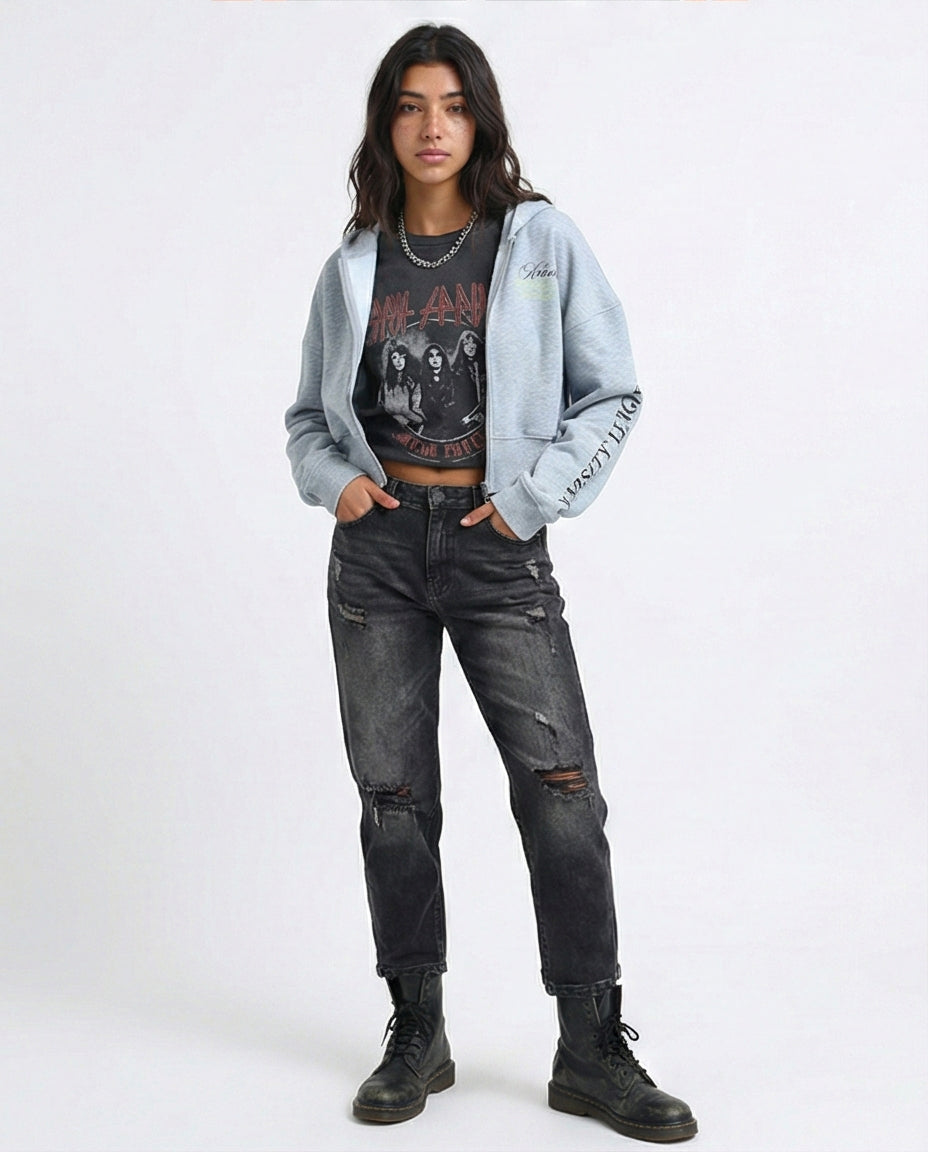 California Varsity Graphic Cropped Zip-Up Hoodie - O200149