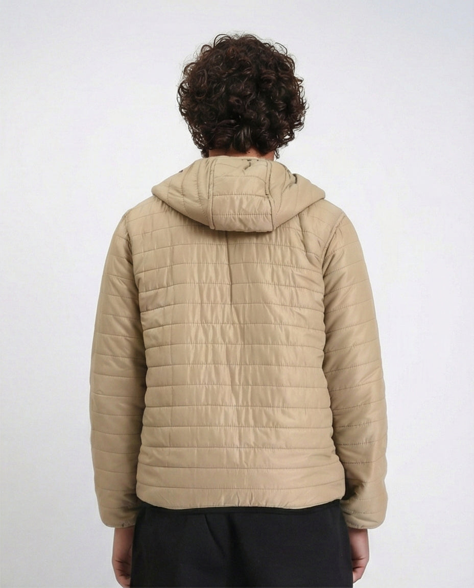 Beige Quilted Hooded Jacket with Faux Fur Lining