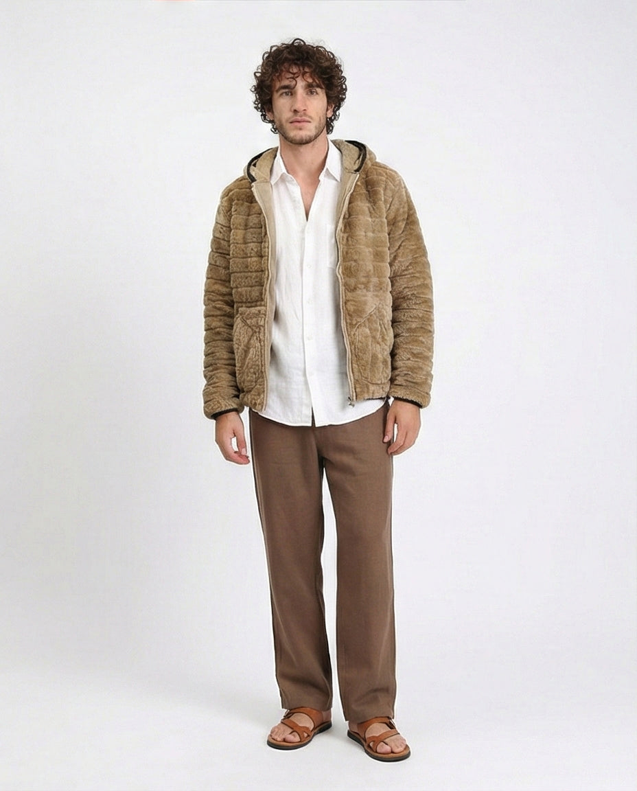 Beige Quilted Hooded Jacket with Faux Fur Lining