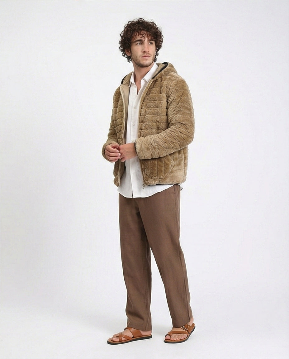 Beige Quilted Hooded Jacket with Faux Fur Lining