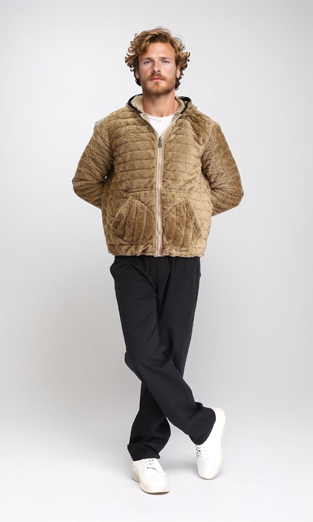 Beige Quilted Hooded Jacket with Faux Fur Lining