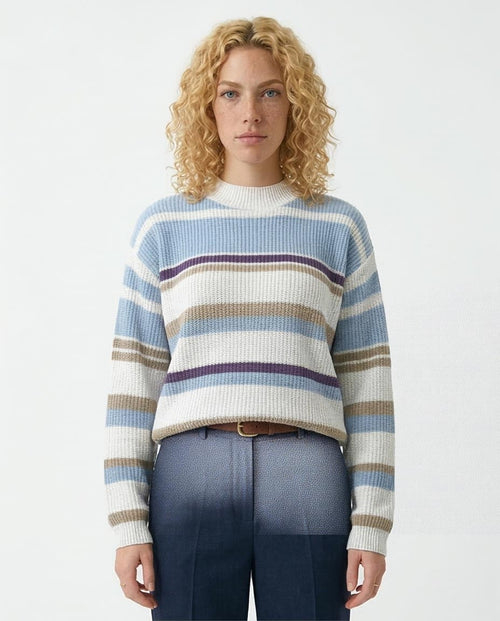 Ravin Women's Relaxed Mock-Neck Striped Knit Sweater - Multi-Tone Blue & Tan - O200303