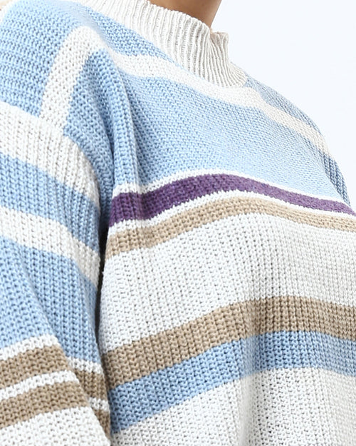 Ravin Women's Relaxed Mock-Neck Striped Knit Sweater - Multi-Tone Blue & Tan - O200303