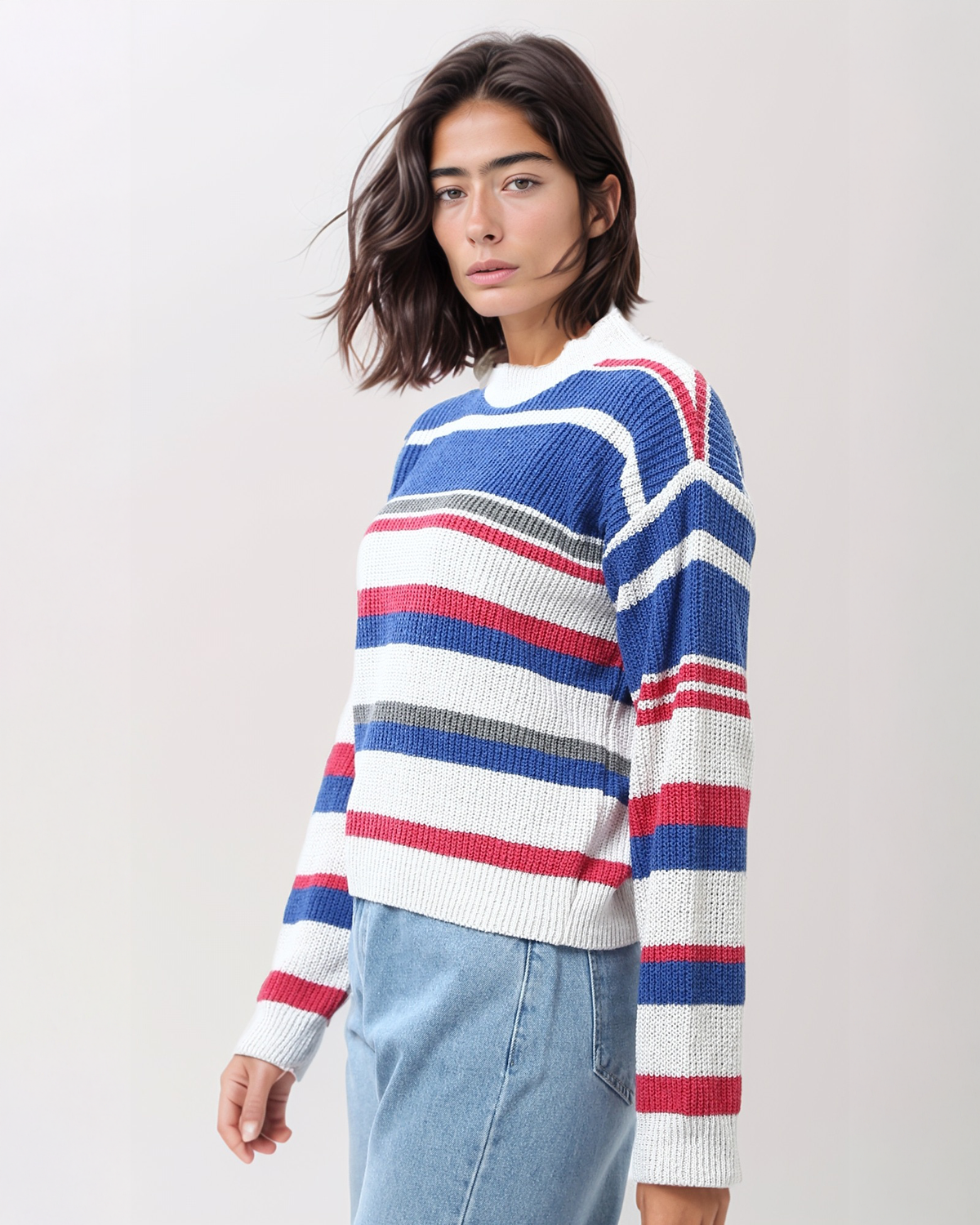Vibrant Striped Ribbed Knit Crew Neck Sweater - O200305