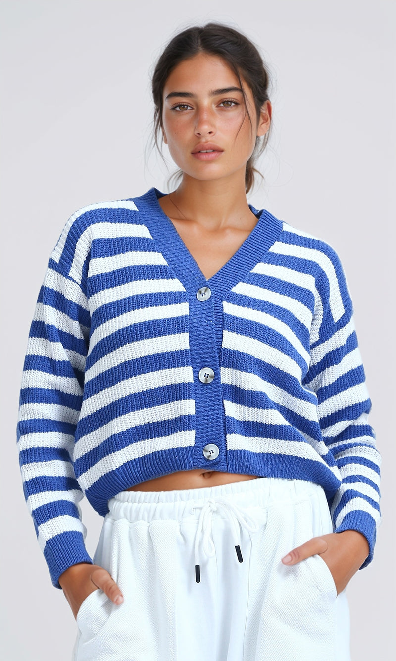 O200307 - Striped Knitted Cardigan - Blue & White
