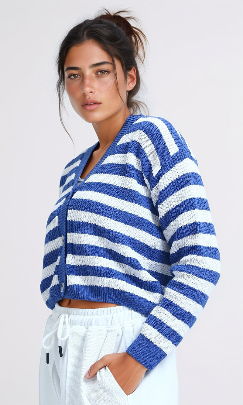 O200307 - Striped Knitted Cardigan - Blue & White