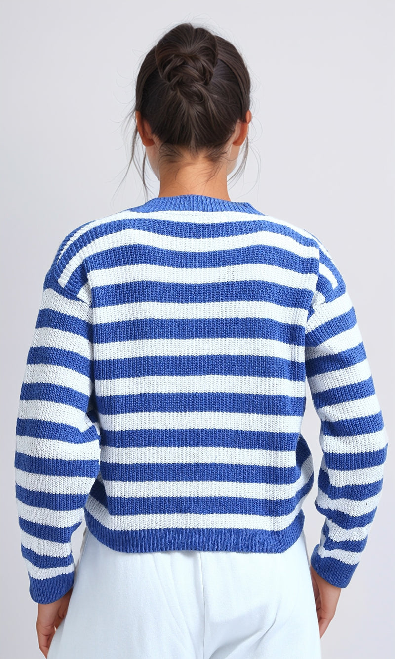 O200307 - Striped Knitted Cardigan - Blue & White