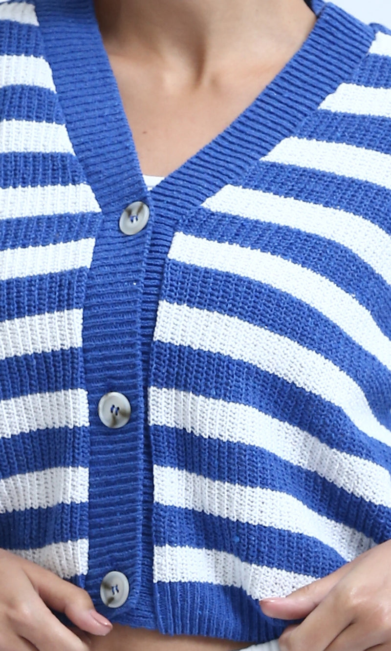 O200307 - Striped Knitted Cardigan - Blue & White