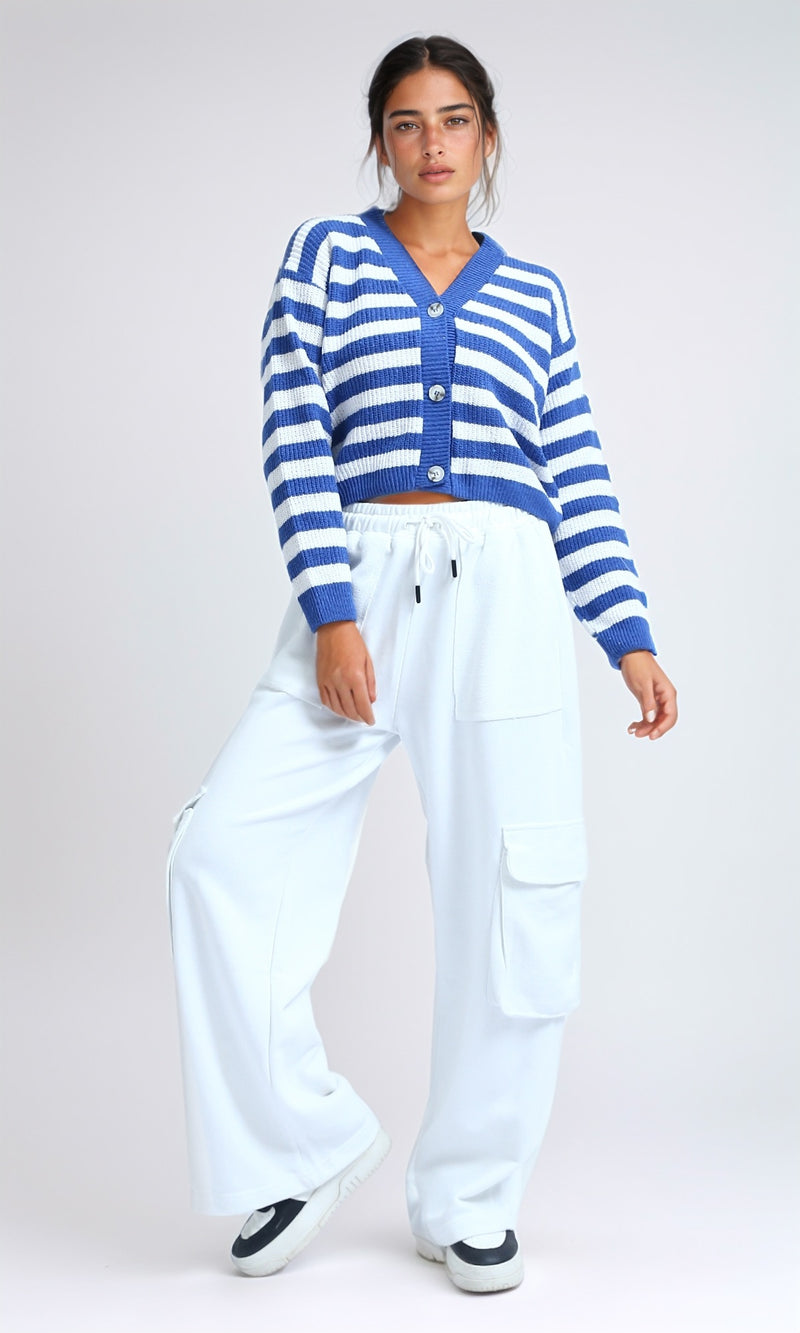 O200307 - Striped Knitted Cardigan - Blue & White